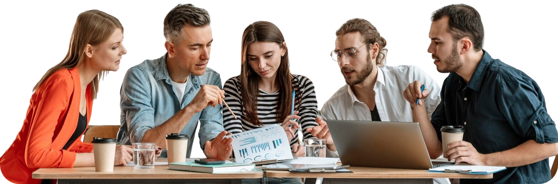 Five people at a table, looking at papers and a laptop, discussing.