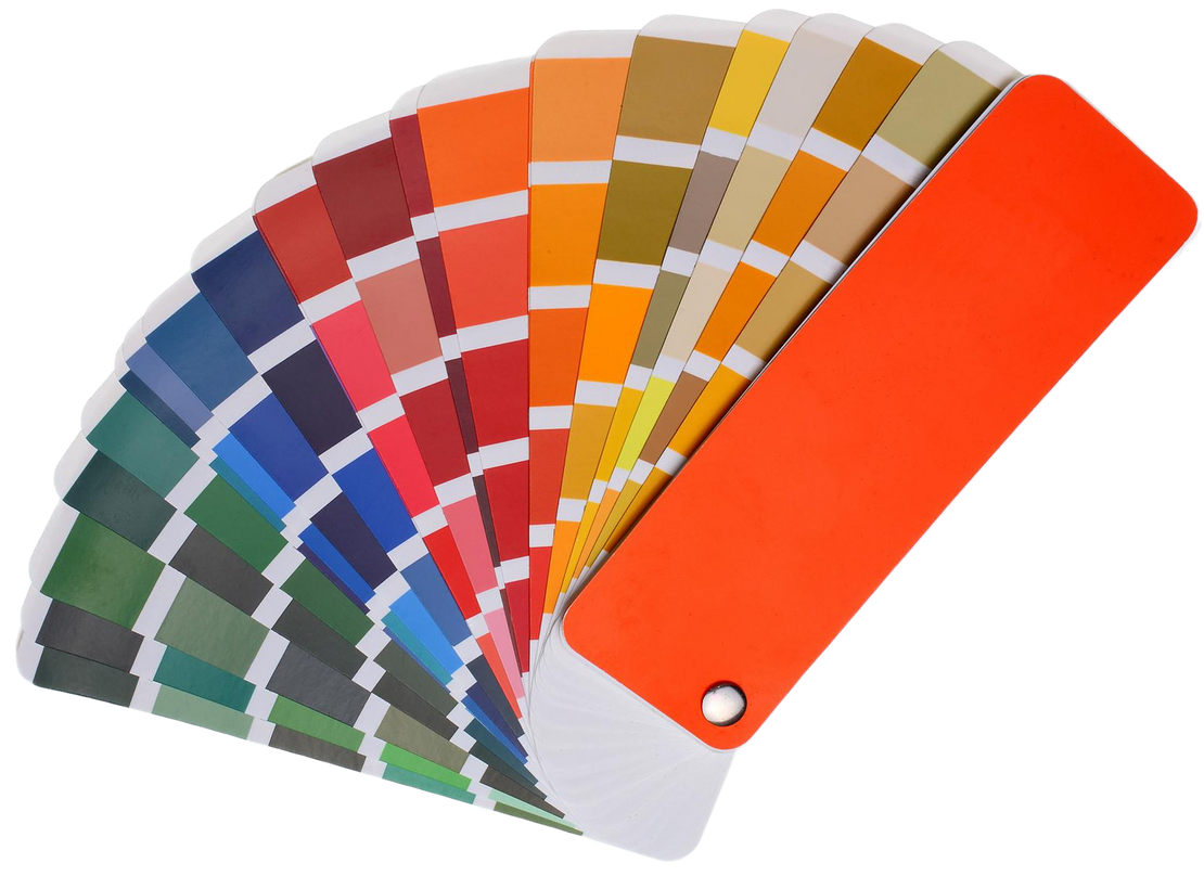Color fan deck with various hues of blues, greens, reds, oranges, and yellows.