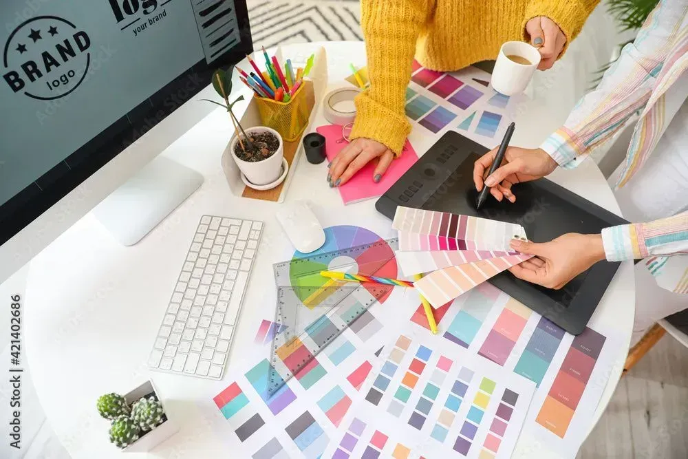 Two people collaborating on design project with color swatches, computer, and drawing tablet.