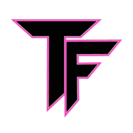 A black and pink tf logo on a white background.