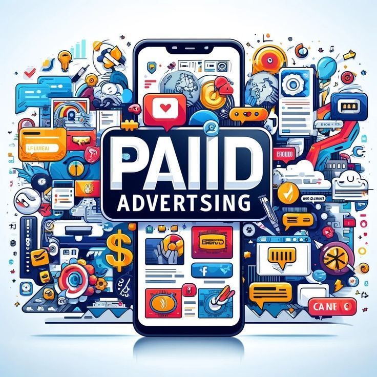 Colorful digital illustration of 'PAID ADVERTISING' on a smartphone screen, surrounded by icons symbolizing paid ads on social media.