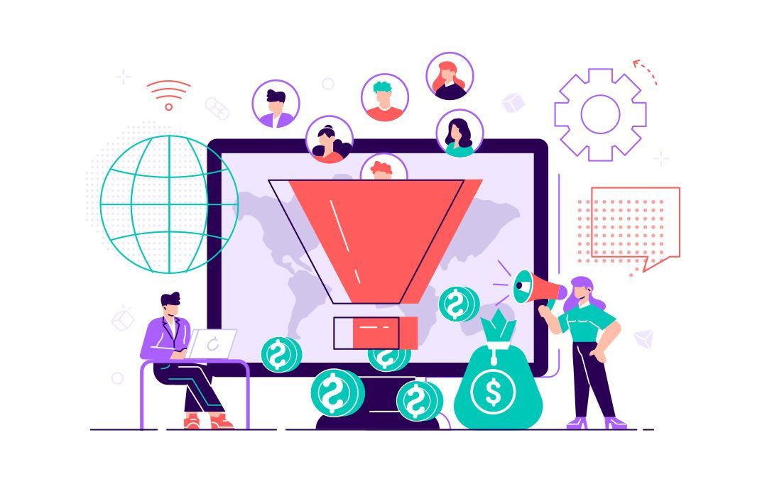 Illustration of a digital marketing funnel turning online leads into revenue, representing smarter marketing strategies for contractors to improve ROI.