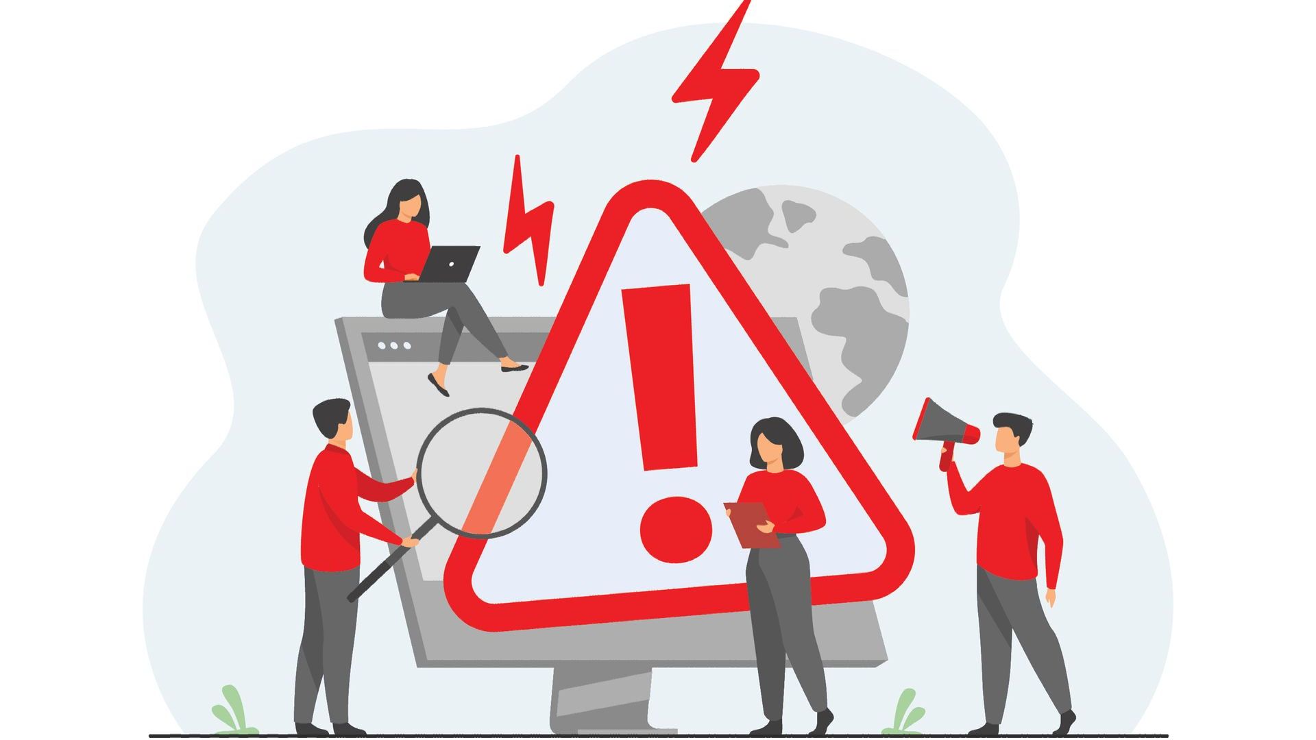 Illustration showing a team analyzing website issues with an error message displayed | OTLM