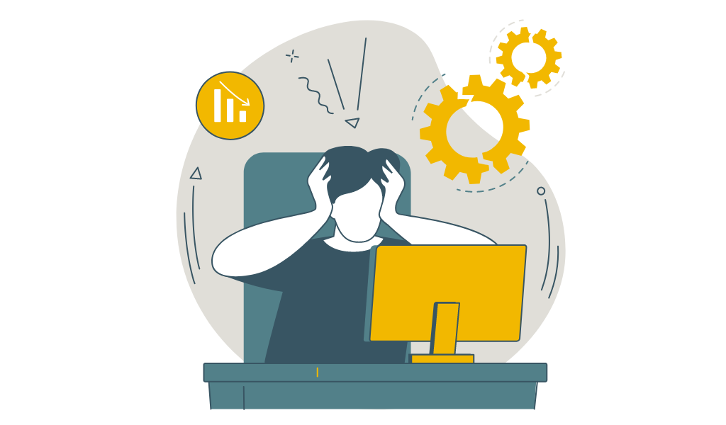 A Frustrated business owner at a computer, overwhelmed by poor marketing results and bad leads