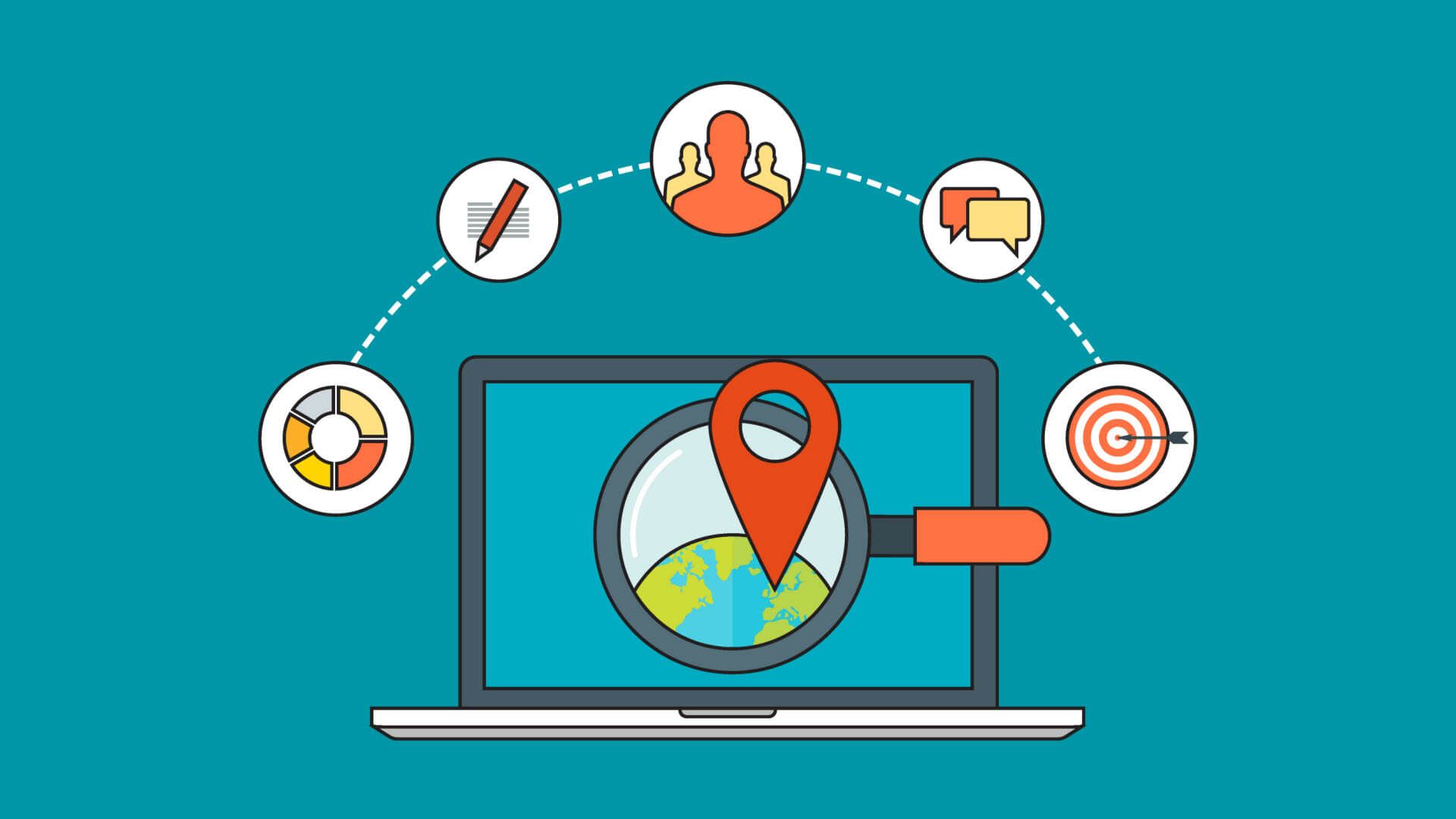 Illustration of a marketing strategy process with a laptop, location marker, analytics, content, com