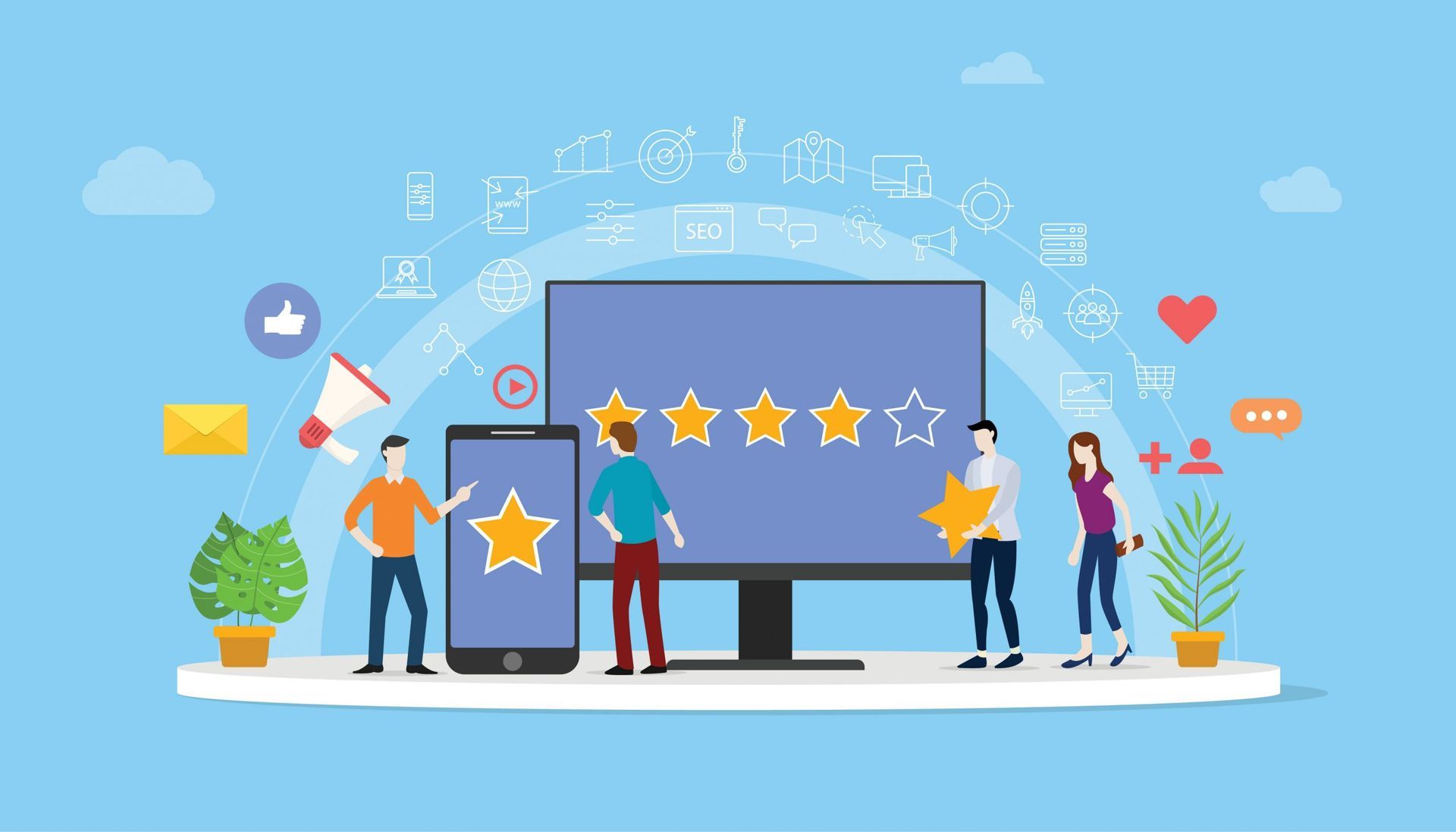 Animated graphic of customers leaving online reviews, OTLM’s guide to reputation management