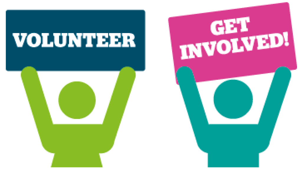 Two figures hold signs reading “VOLUNTEER” and “GET INVOLVED!” in blue, pink, green, and teal.