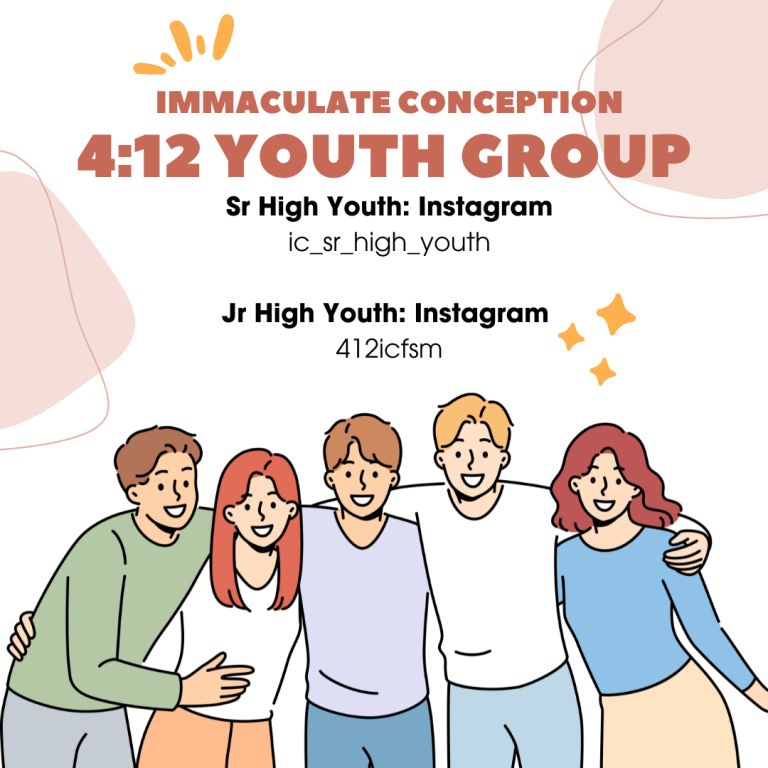 Immaculate Conception 4:12 Youth Group poster with five smiling illustrated teens and Instagram handles