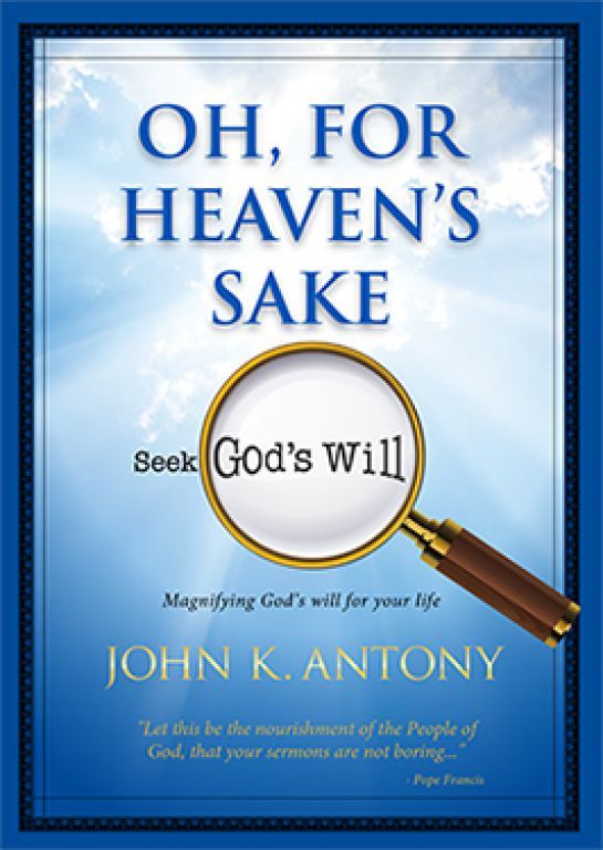 Book cover reading “Oh, For Heaven’s Sake” with a magnifying glass over “Seek God’s Will” on a blue sky background