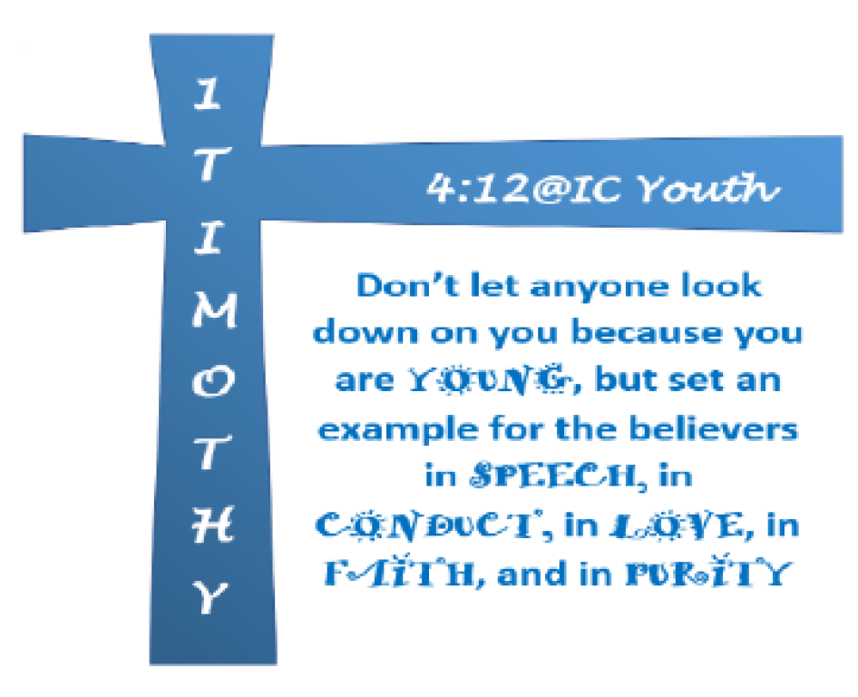 Blue cross with “TIMOTHY” and a Bible verse, “4:12@IC Youth,” in white text on blue background.