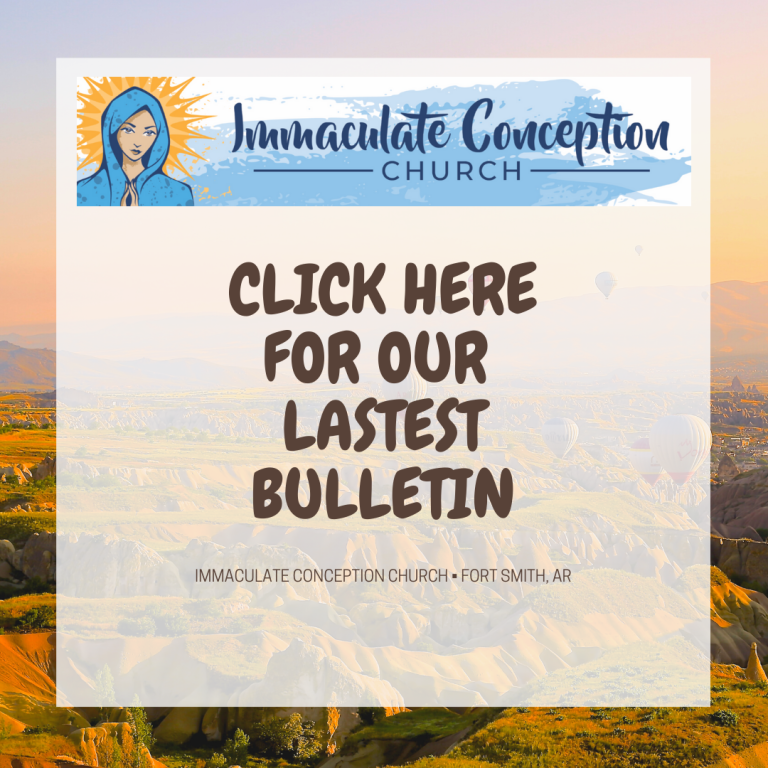 Immaculate Conception Church bulletin graphic with blue logo and bold text: “Click here for our latest bulletin.”