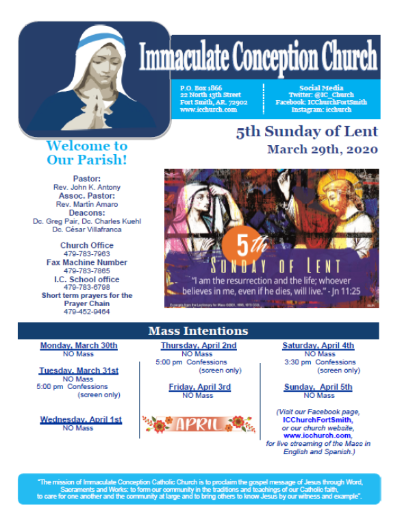 Church bulletin for Immaculate Conception Church, showing 5th Sunday of Lent and Mass intentions schedule.