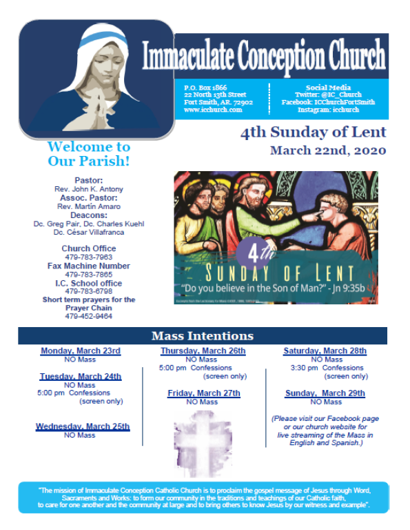 Immaculate Conception Church bulletin for 4th Sunday of Lent, March 22, 2020, with Mass intentions and parish notices