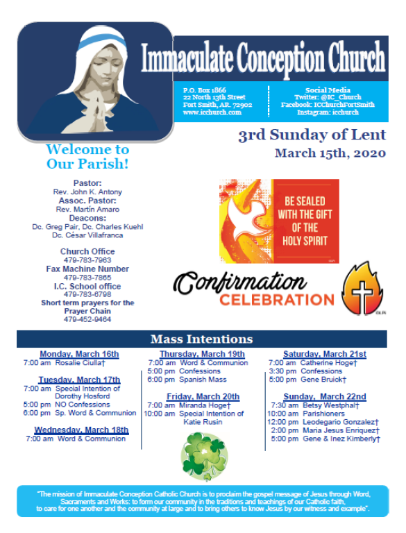 Church bulletin for Immaculate Conception Church announcing 3rd Sunday of Lent and Confirmation celebration