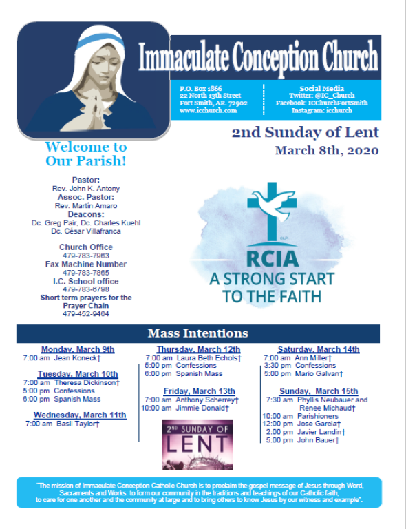 Immaculate Conception Church bulletin announcing Sunday of Lent and RCIA with Mass times and parish notices