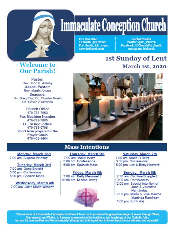 Immaculate Conception Church parish bulletin for 1st Sunday of Lent, with Mass schedule and candle photo