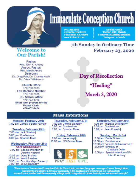 Immaculate Conception Church bulletin with Mass times, parish notices, and a pink “Day of Recollection/Healing” notice