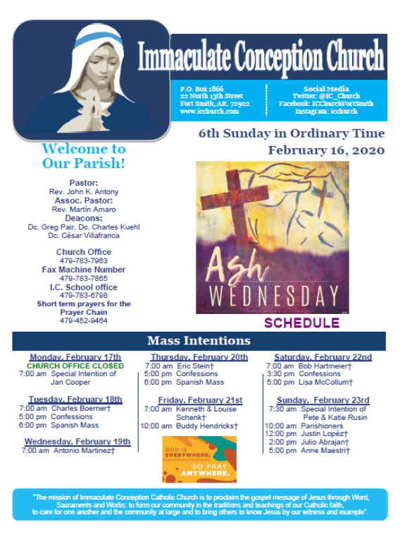 Immaculate Conception Church weekly bulletin with Ash Wednesday schedule and Mass intentions