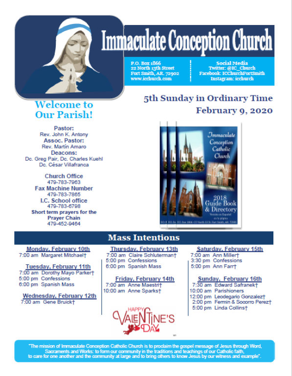 Immaculate Conception Church bulletin with Mass times, parish welcome, and a February 2020 calendar notice