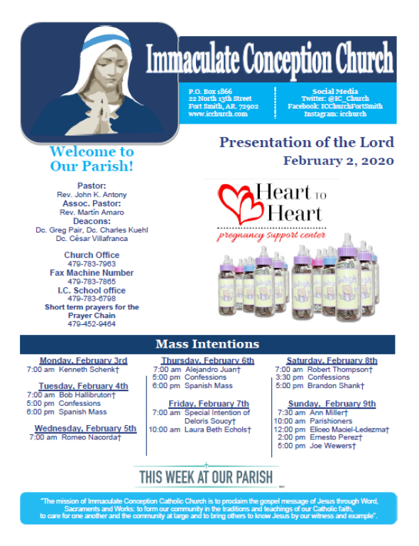 Immaculate Conception Church bulletin with Marian image, February 2, 2020, Heart to Heart donation drive details