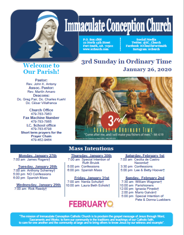 Immaculate Conception Church parish bulletin for 3rd Sunday in Ordinary Time, January 26, 2020.