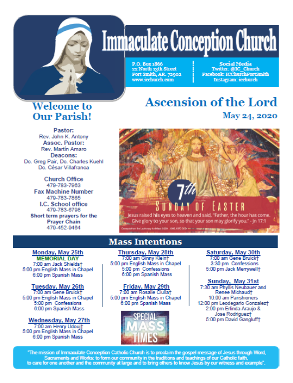 Immaculate Conception Church bulletin for Ascension of the Lord, May 24, 2020, with parish info and mass intentions