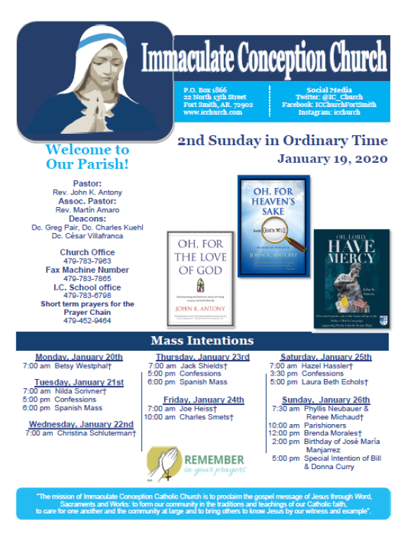 Immaculate Conception Church bulletin with Marian logo, mass times, and January 2020 parish announcements.