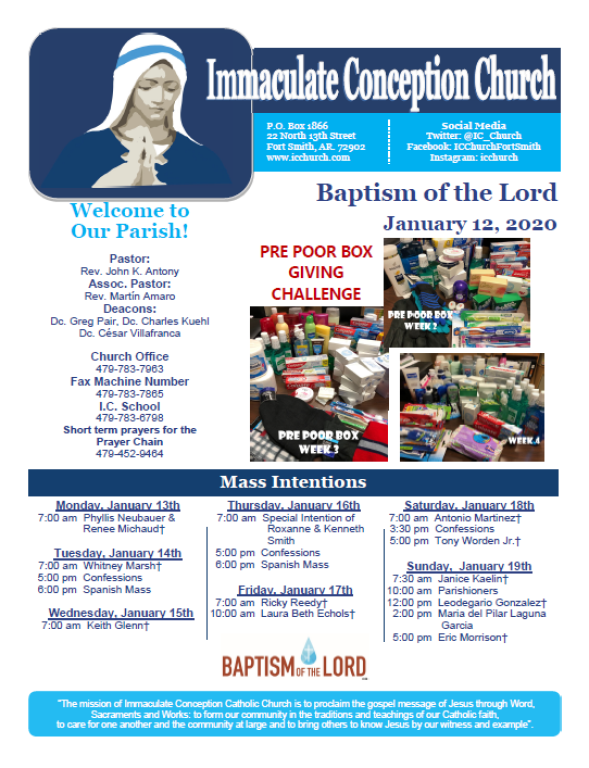 Immaculate Conception Church parish bulletin with Mary image, Baptism of the Lord, and January 2020 announcements