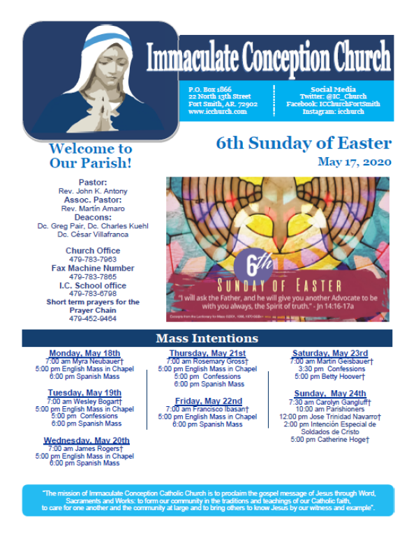 Immaculate Conception Church bulletin for 6th Sunday of Easter, with Mass times and colorful stained-glass artwork