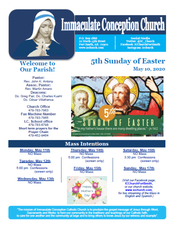 Immaculate Conception Church weekly bulletin with Easter Sunday religious artwork and Mass times