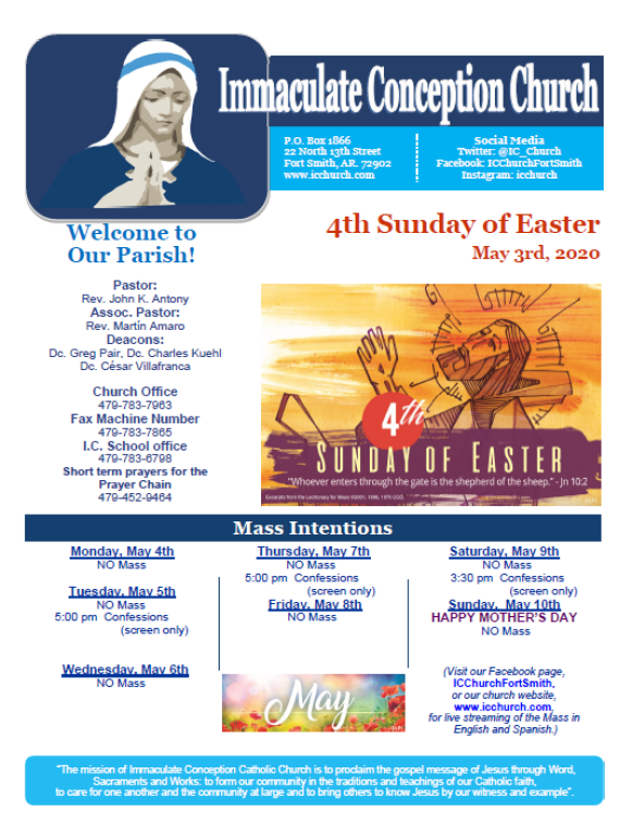 Church bulletin for Immaculate Conception, 4th Sunday of Easter, with Mass intentions and May 3, 2020 date.