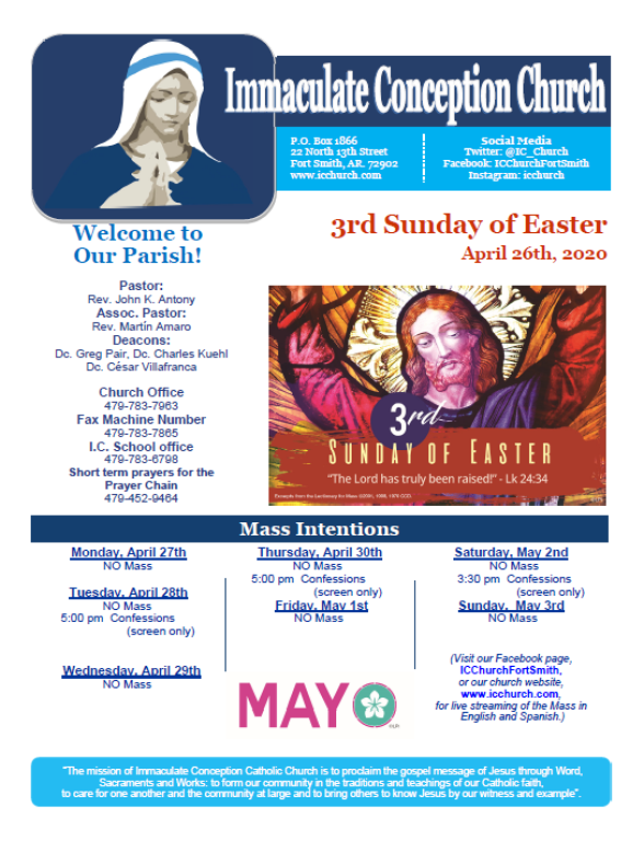 Immaculate Conception Church parish bulletin for 3rd Sunday of Easter, April 26, 2020, with Mary and service schedule