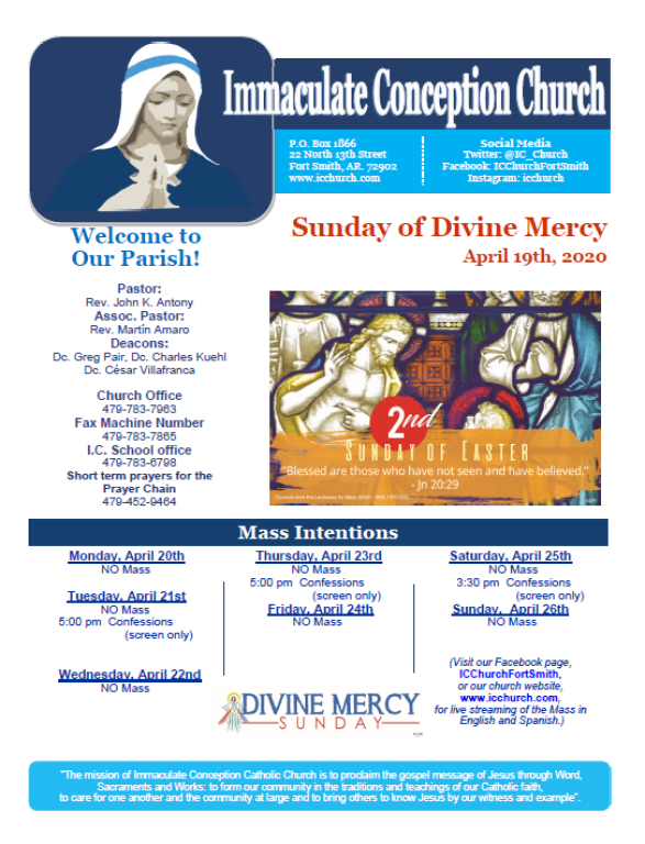 Immaculate Conception Church bulletin for Sunday of Divine Mercy, with church photo, Mass times, and parish notices
