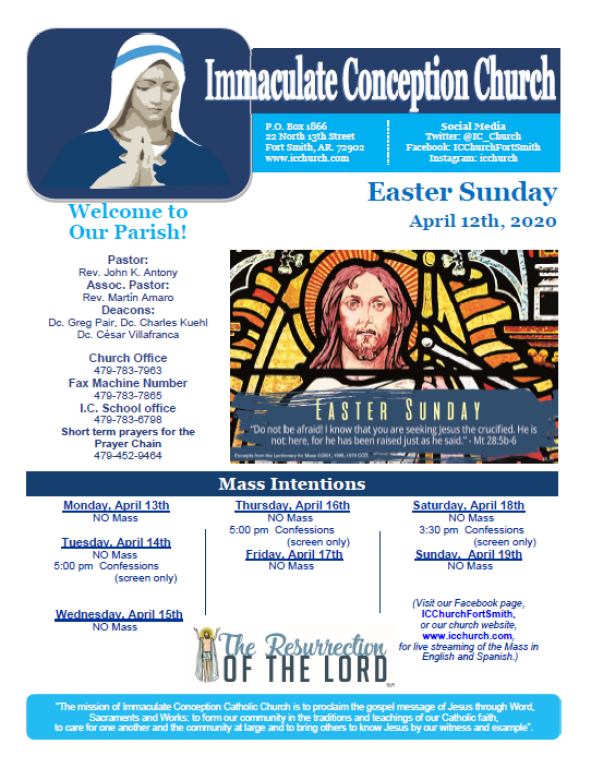 Immaculate Conception Church Easter Sunday bulletin with stained-glass artwork and mass times, April 12, 2020