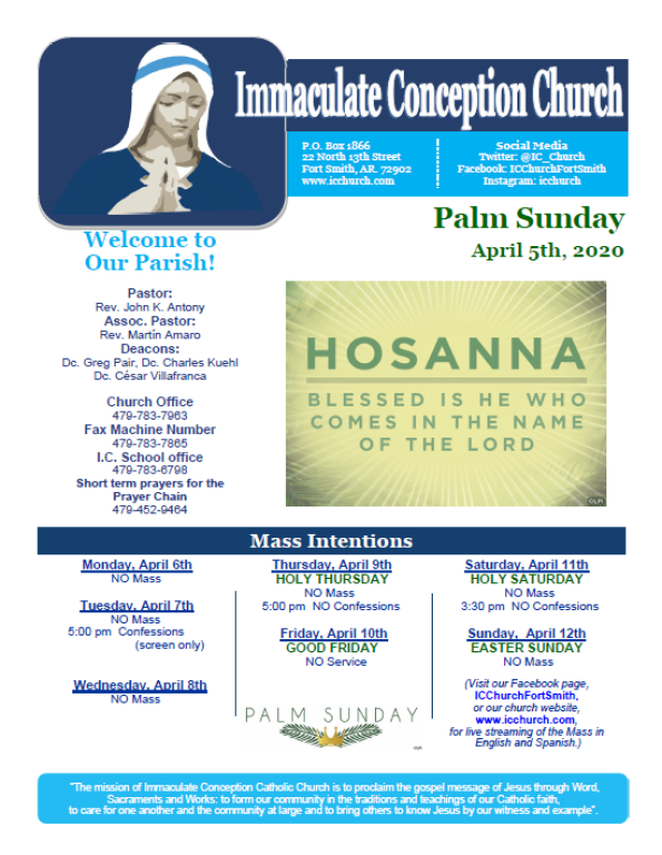 Immaculate Conception Church Palm Sunday 2020 bulletin with Hosanna banner and Mass intentions