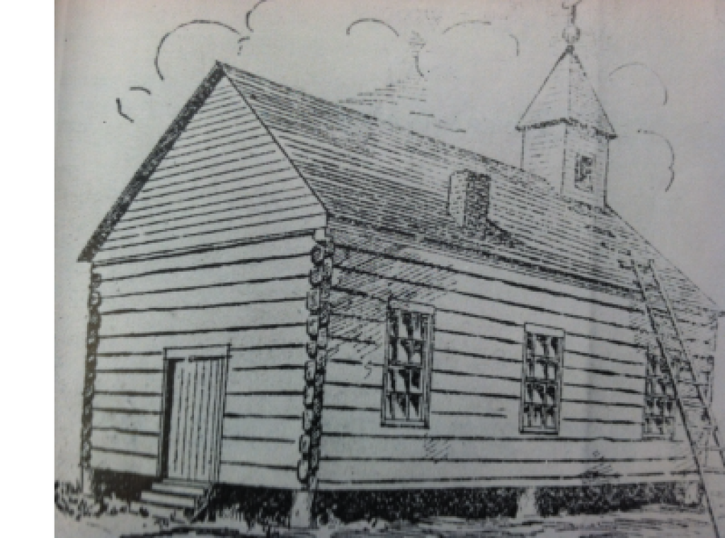 Black-and-white sketch of a small wooden church with a steeple and side ladder, viewed from the front corner.