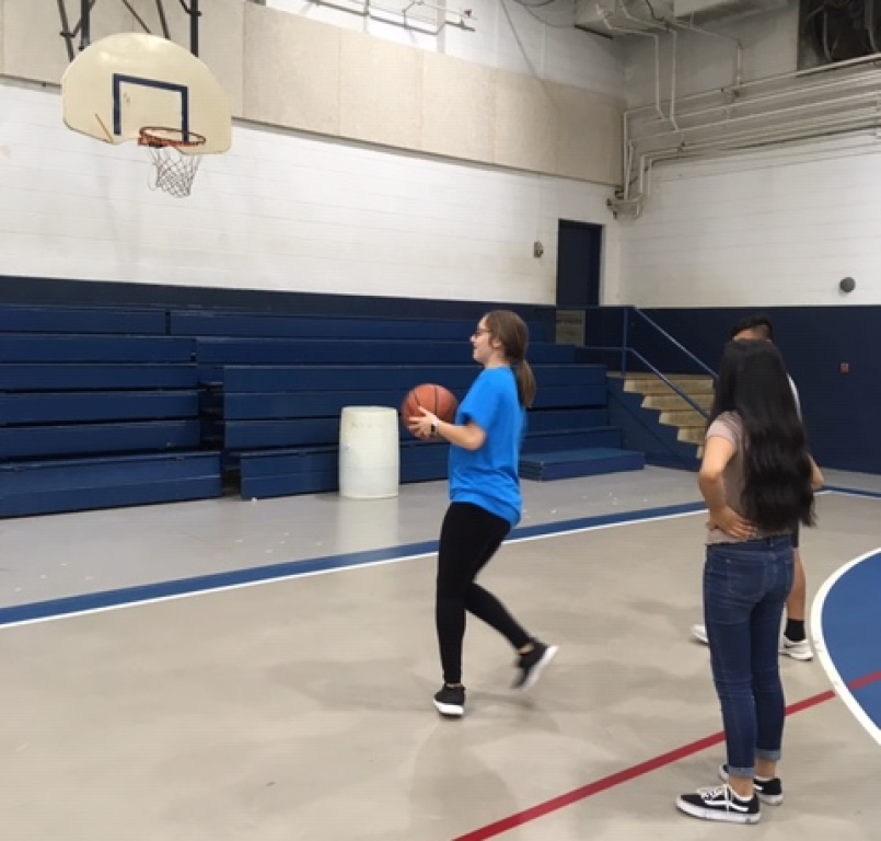 Two people on a gym court, one holding a basketball near a hoop.