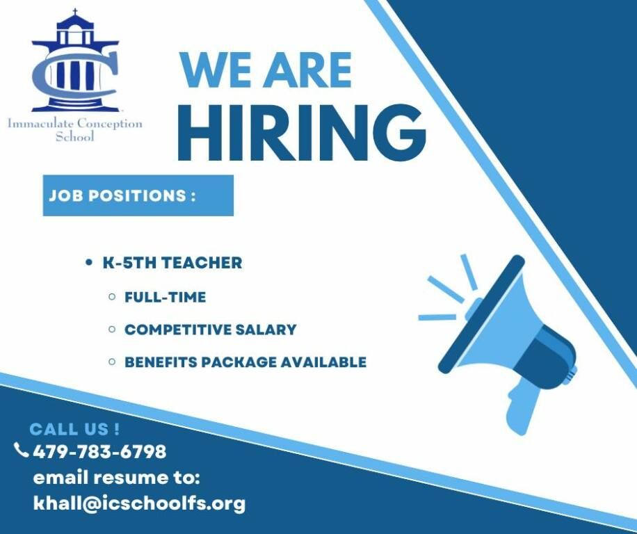 Hiring flyer for K-5th teacher: full-time, competitive salary, benefits, with contact info and blue megaphone icon