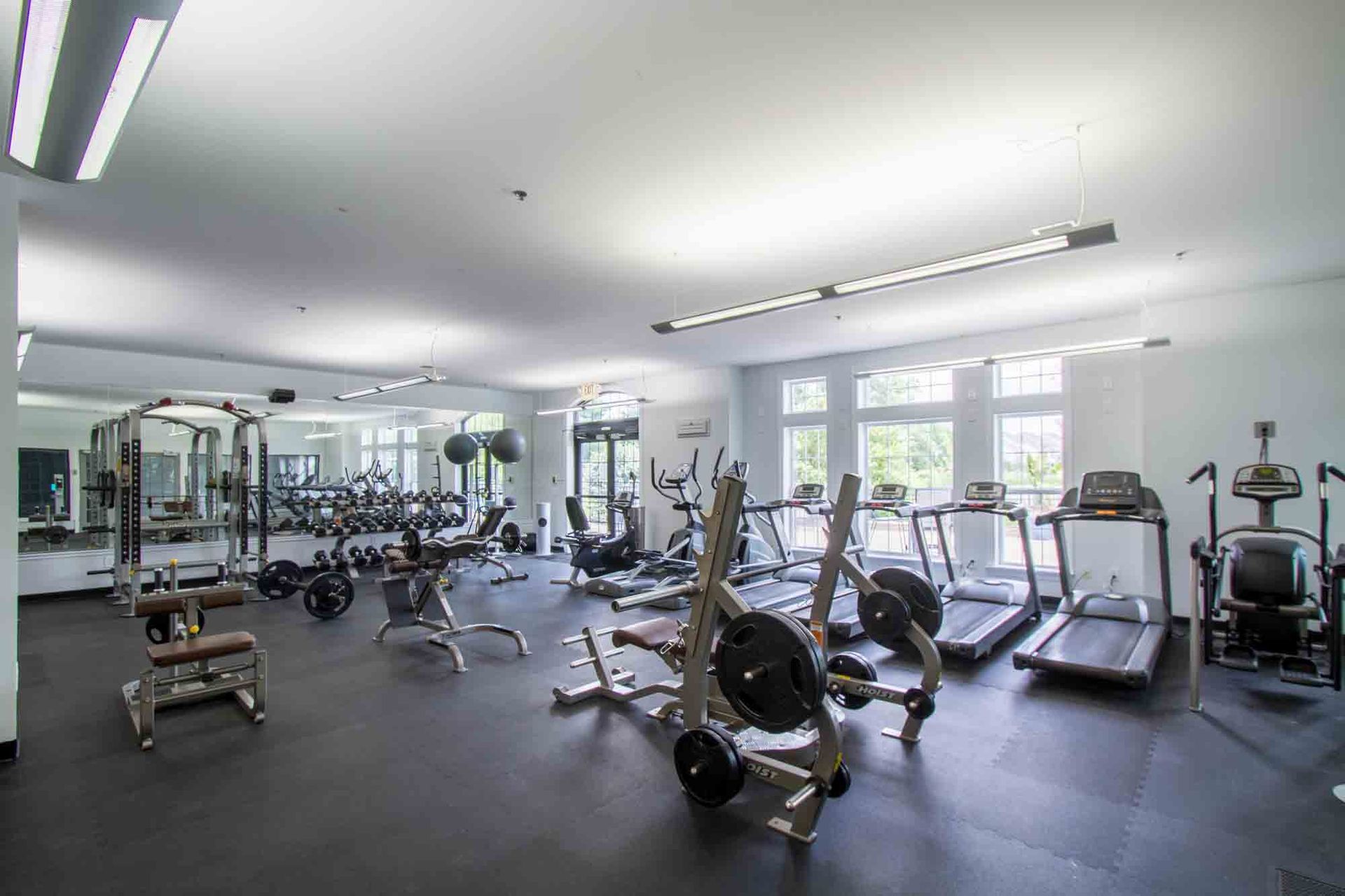 Gym interior with various exercise machines, including treadmills, weights, and weight machines, and large windows at Hamburg Farms, offers apartments in Lexington, KY.