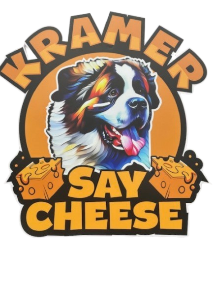 A picture of a dog that says kramer say cheese