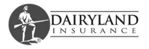 Dairyland Insurance logo featuring a colonial figure holding a rifle inside a dark circle, to the left of the company name.