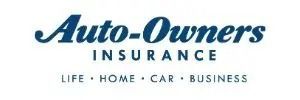 Auto-Owners Insurance logo: blue text on white background with "Auto-Owners Insurance" and list of services: life, home, car, business.