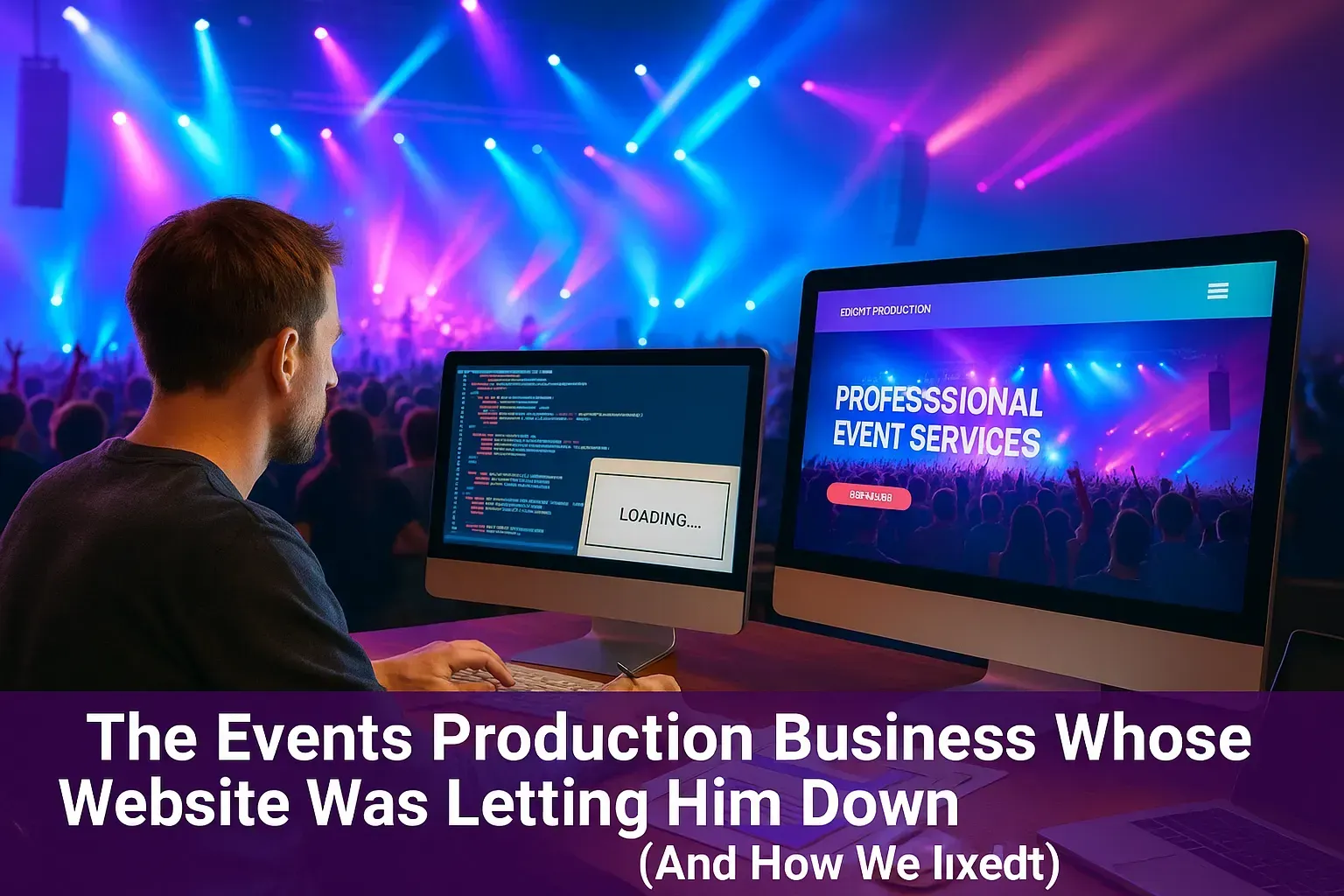 A man is sitting in front of two computer monitors with the words the events production whose website was letting him down
