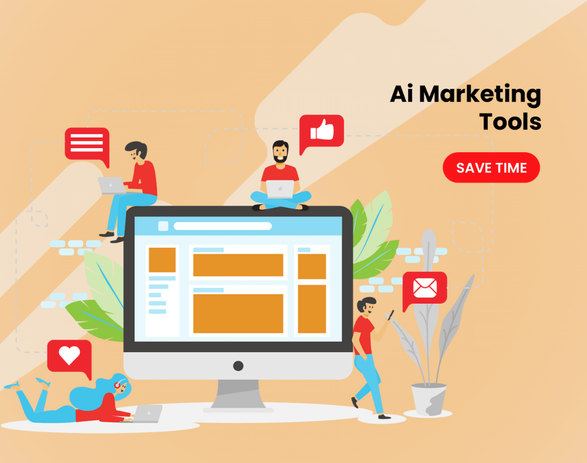Illustration of a group of people standing around a computer monitor working on AI marketing.