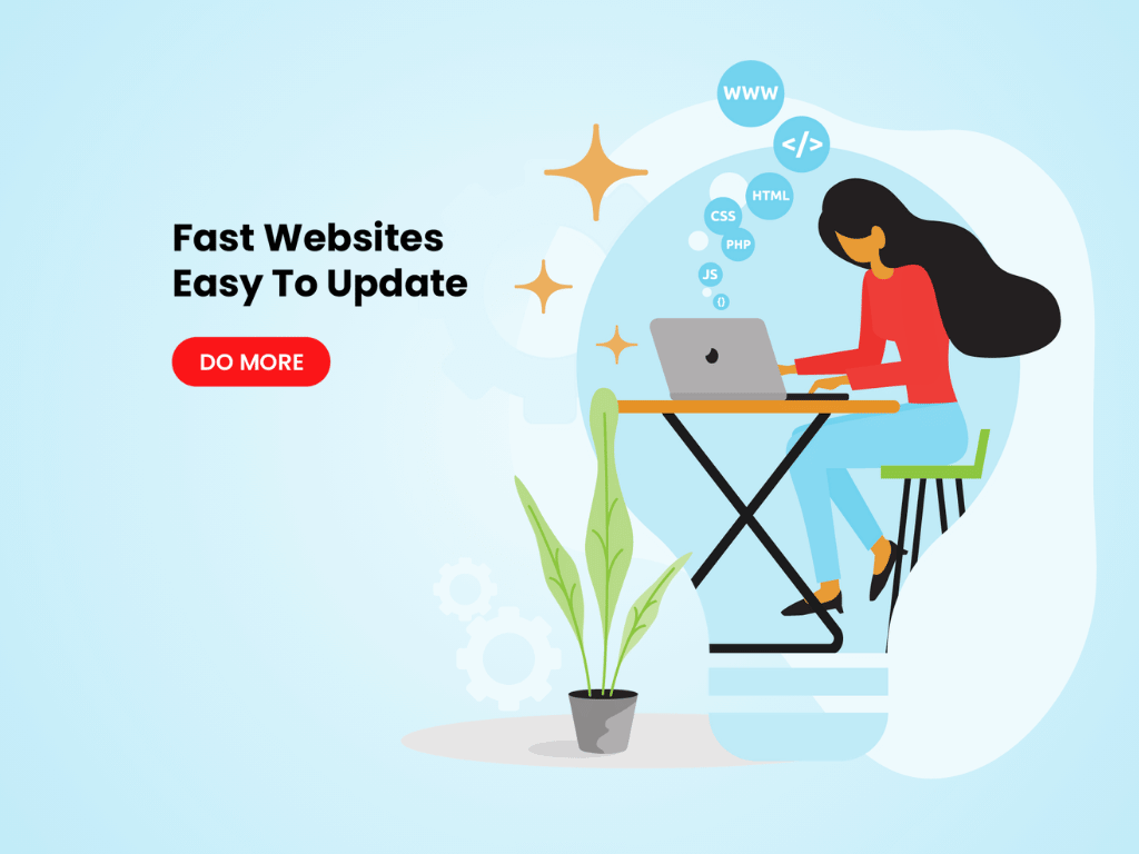 An illustration of a woman sitting at a desk using a laptop computer working on website design.