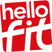 Logo Hello Fit: testo bianco su quadrato rosso;