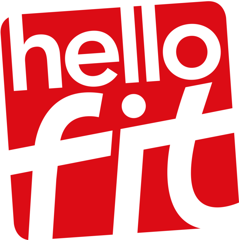 Logo Hello Fit: testo bianco su quadrato rosso;