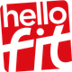 Logo Hello Fit: testo bianco su quadrato rosso;