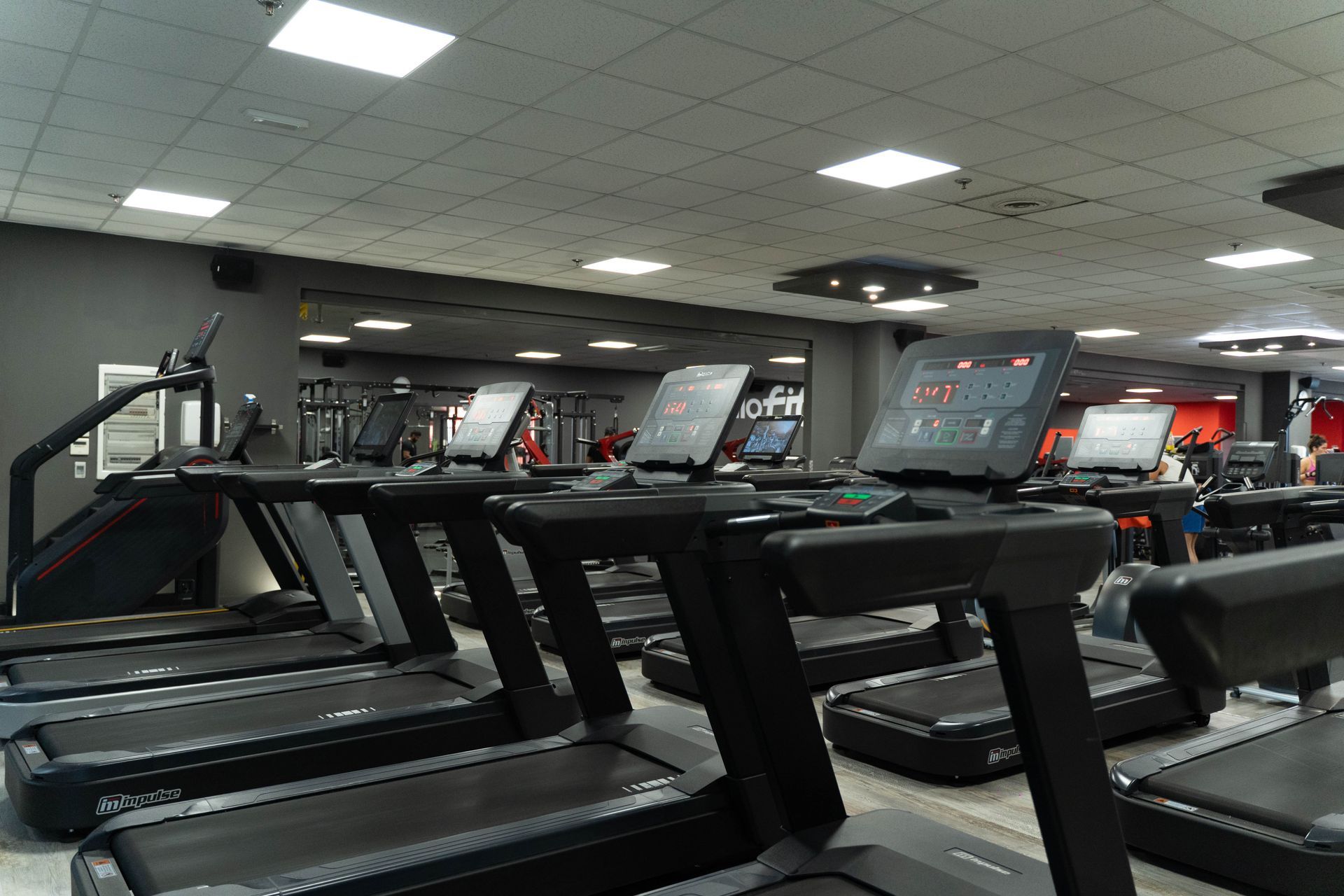 Interno della palestra con vari attrezzi ginnici e una parete rossa con il logo 