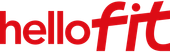 Logo Hello Fit: testo bianco su quadrato rosso; 